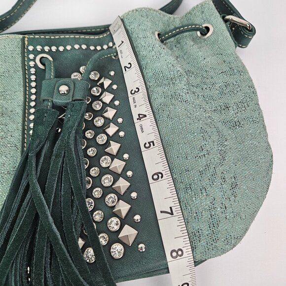 Montana West Green Canvas/Faux Leather Studded Suede Tassel Crossbody Bucket Bag - Picture 9 of 11